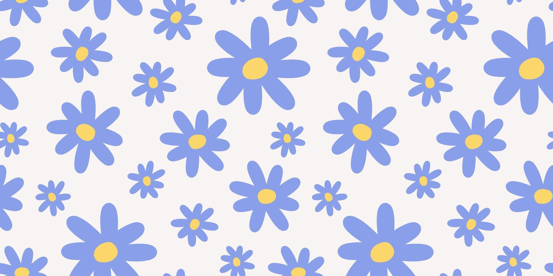 Back-25Groovy flowers seamless pattern. Naive hand drawn blue daisy on beige background vector