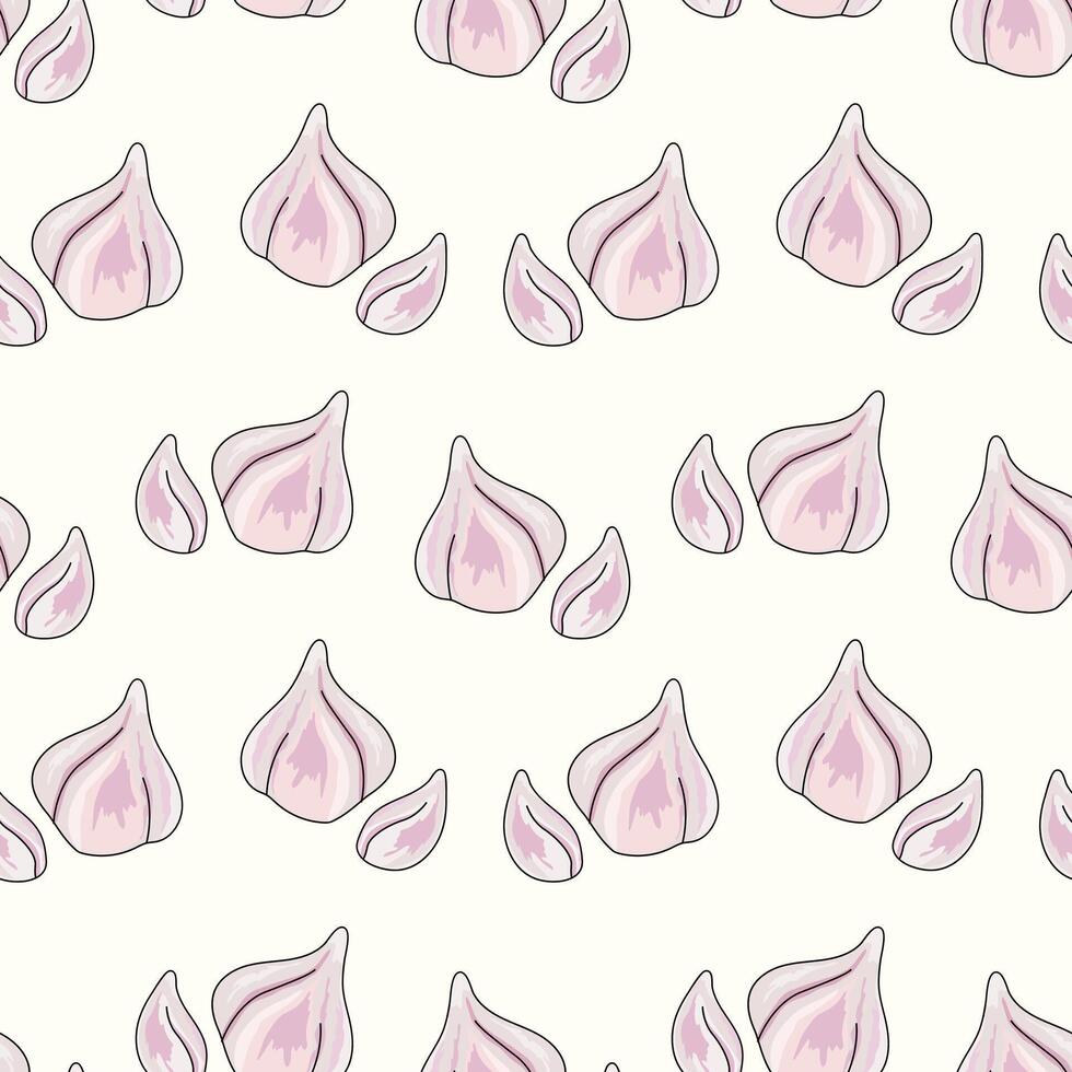 Hand-drawn pattern of garlic. Cloves of fresh garlic. For textiles, illustrations, wrapping paper, textiles, printing about natural vitamins, healthy food, immunity vector