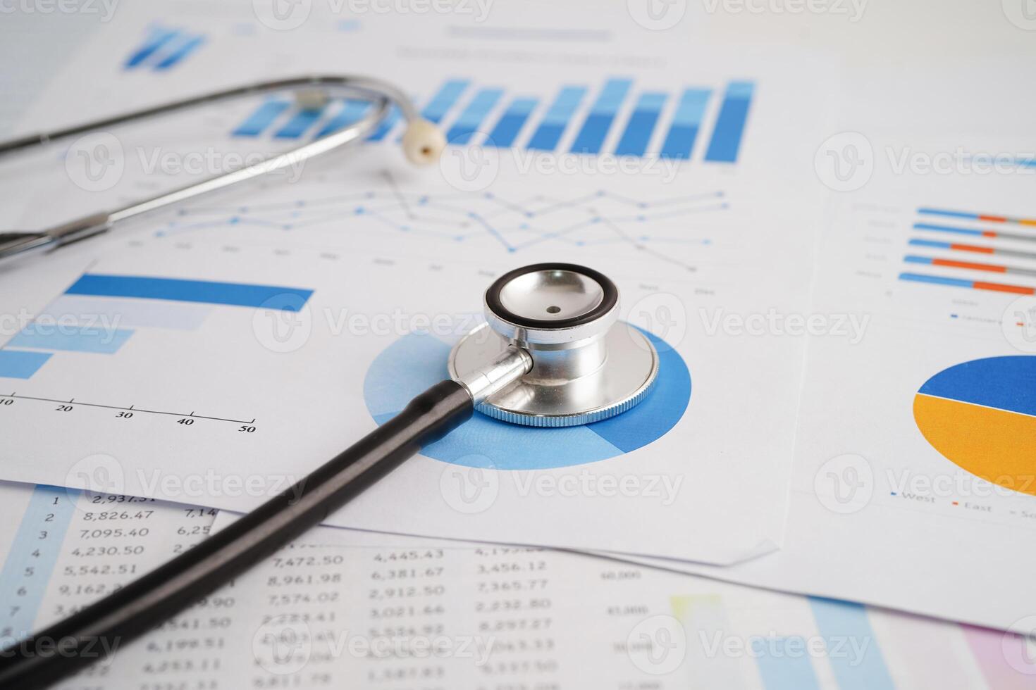 Stethoscope and US dollar banknotes on chart or graph paper, Financial, account, statistics and business data medical health concept. photo