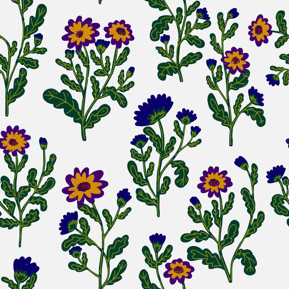 a pattern of purple and yellow flowers on a white background vector