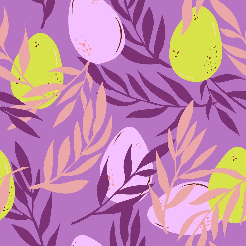 a pattern with green and purple eggs and leaves vector