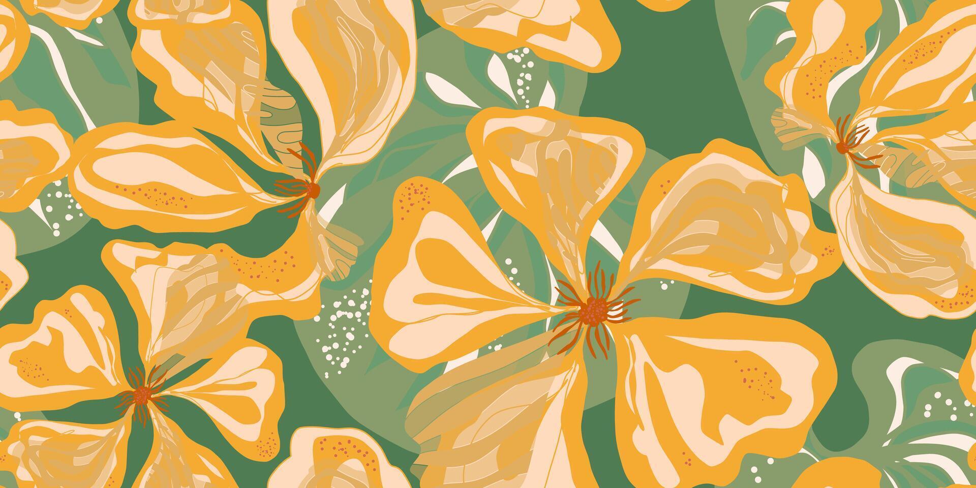 a pattern with yellow and orange flowers on a green background vector