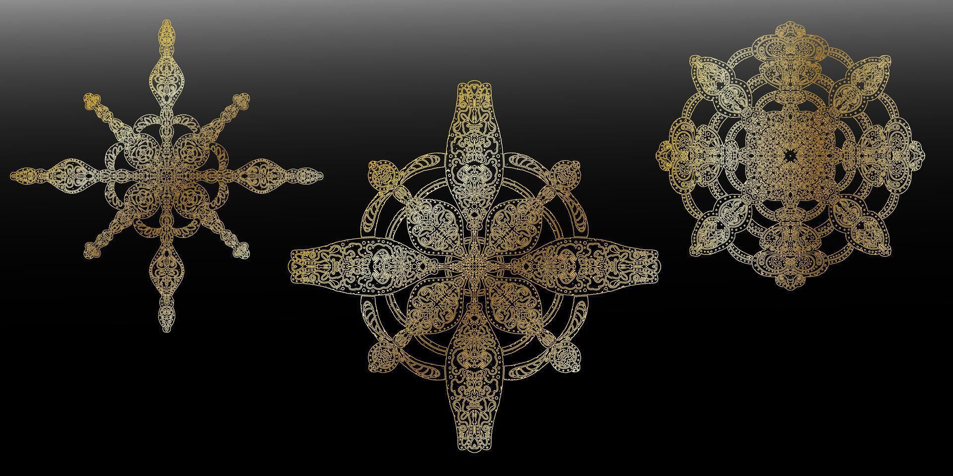 three gold ornate designs on a black background vector