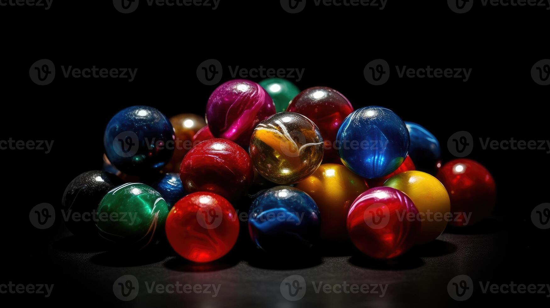 Assorted Colorful Marbles Gleaming on Dark Elegance photo