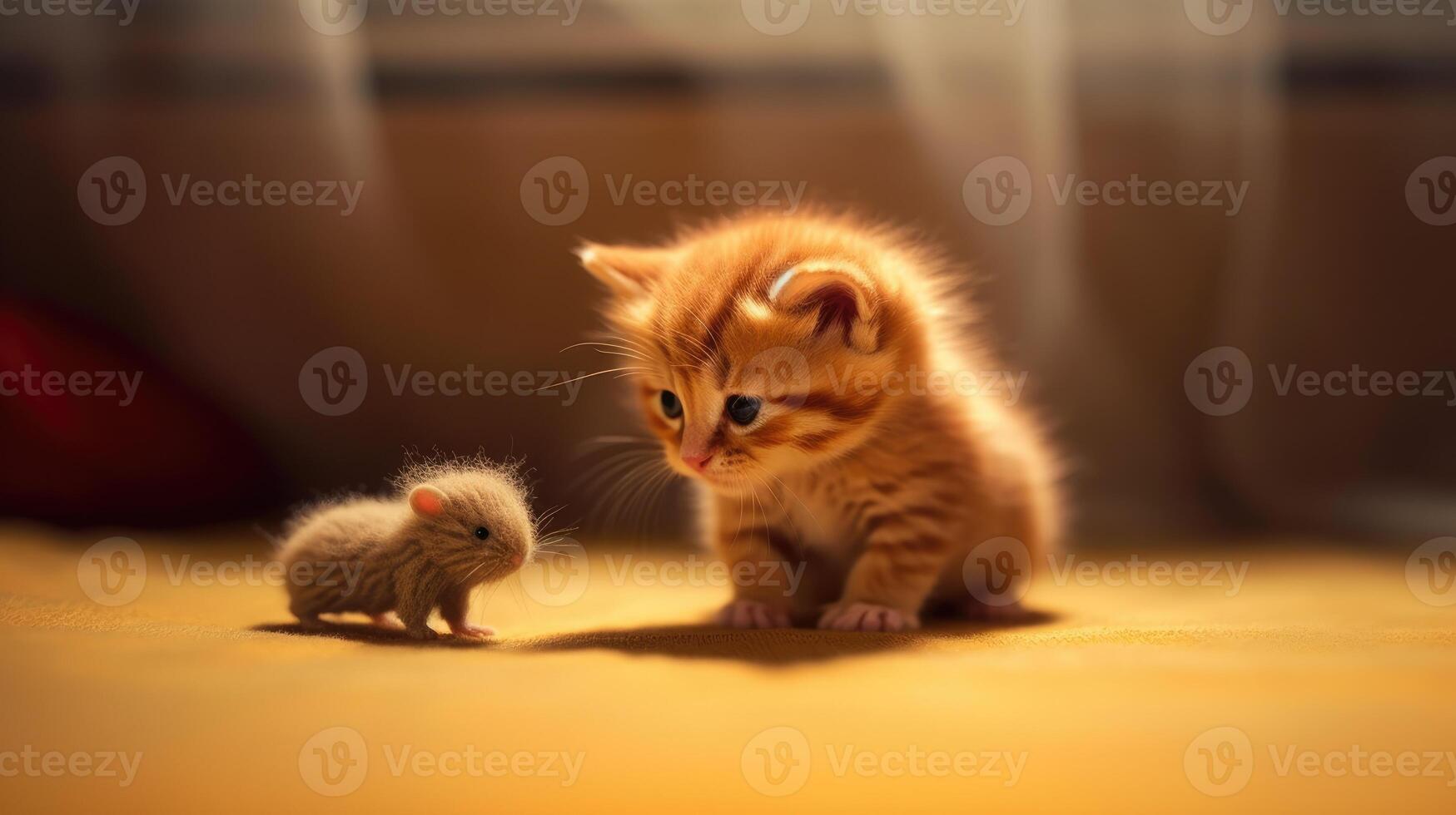 Curious Encounter of a cute Kitten Meets toy Mouse photo