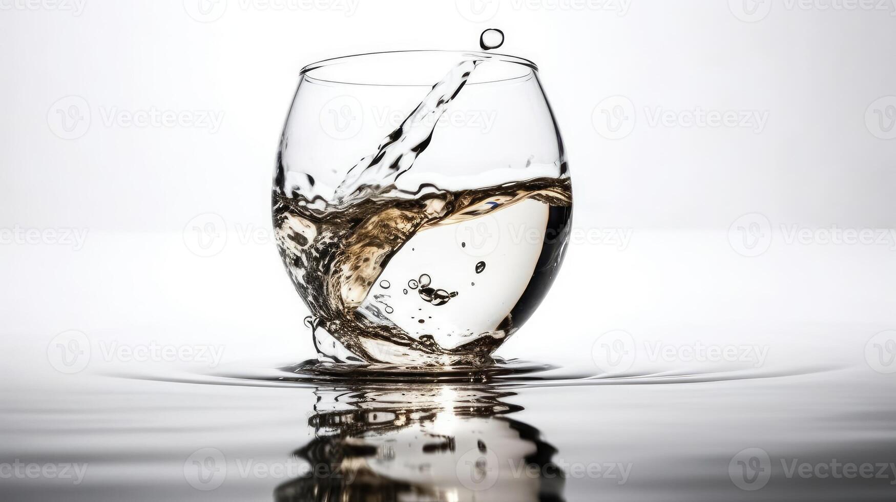 cristal claro agua en el vaso con reflexión en el agua con blanco antecedentes foto