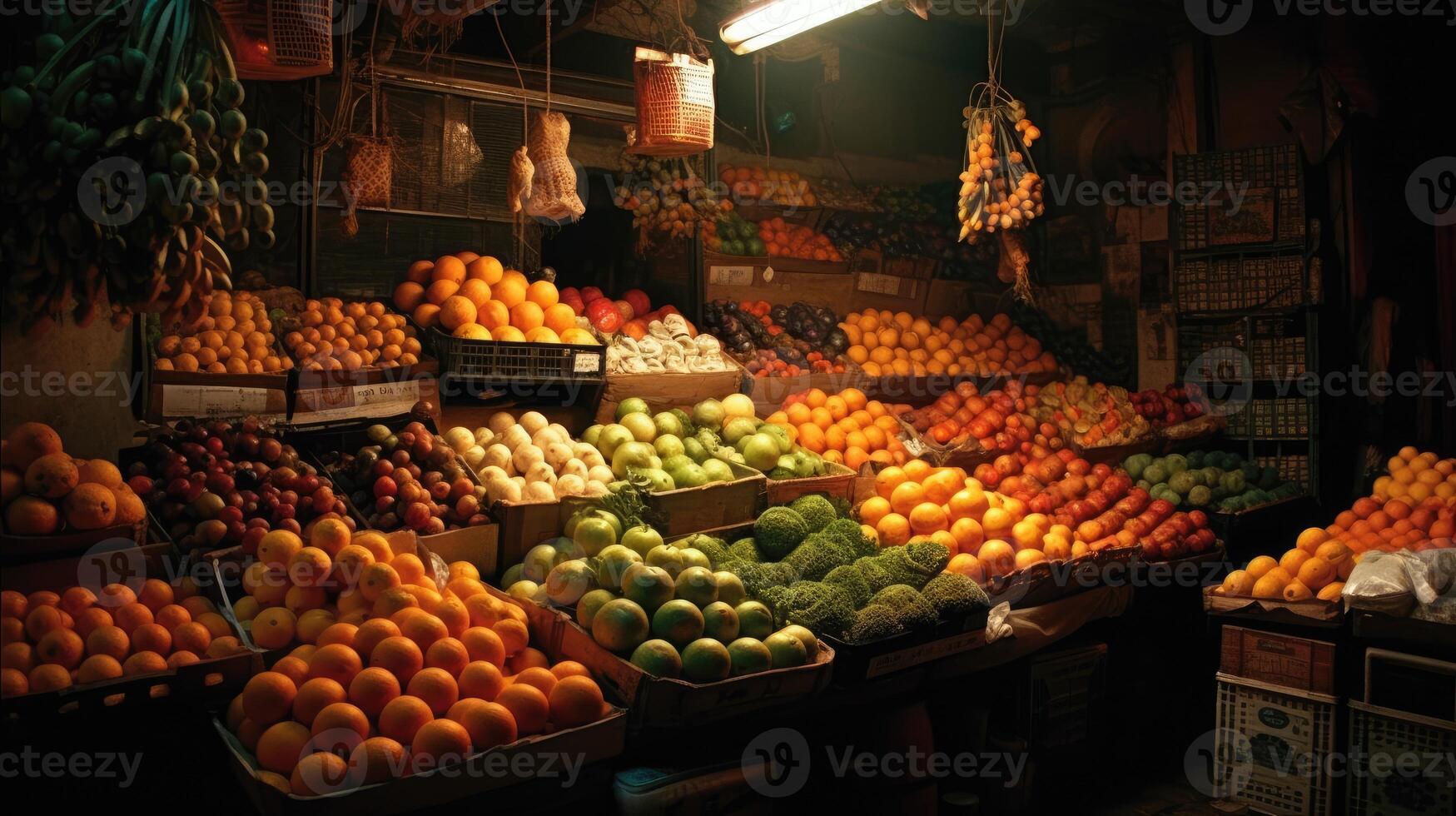 un noche a el asiático Fruta tradicional mercado con varios Fruta en venta. foto