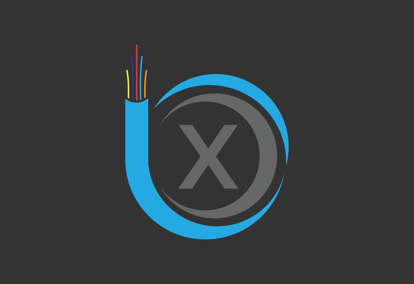 Initial X monogram letter alphabet with electric wire, optical fiber cable. vector