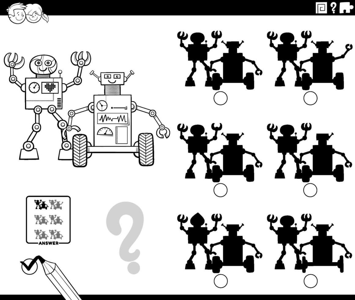 shadow activity with cartoon robots coloring page vector