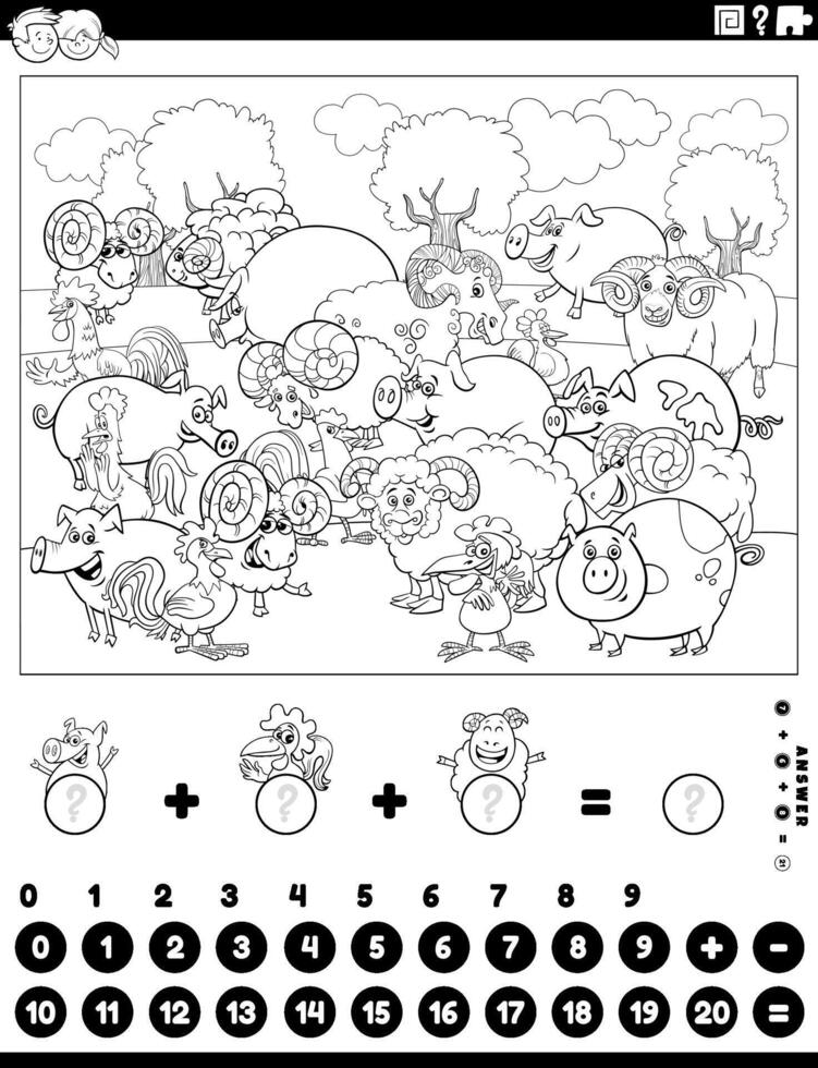 counting and adding activity with farm animals coloring page vector