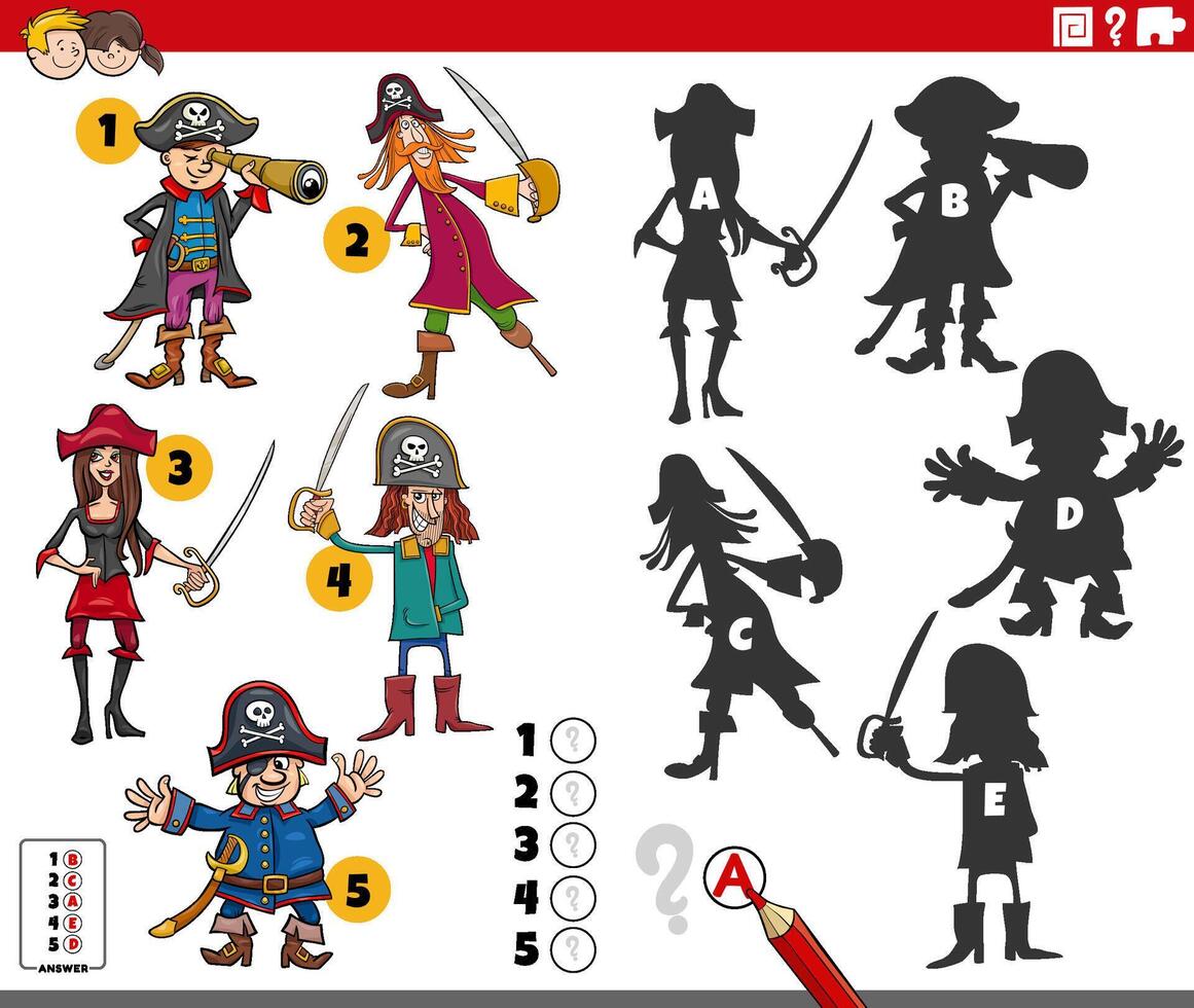 finding shadows activity with cartoon pirates characters vector