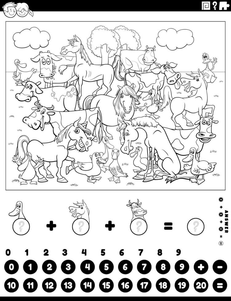 counting and adding activity with farm animals coloring page vector