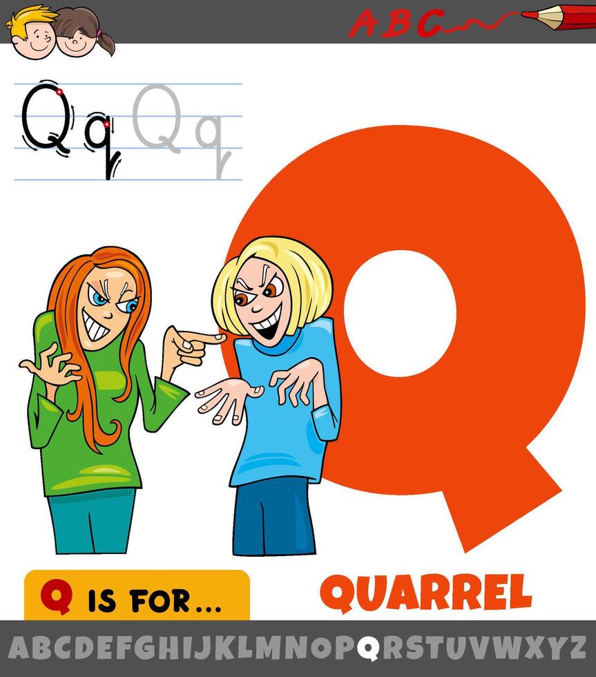 letra q desde alfabeto con pelea palabra dibujos animados ilustración vector