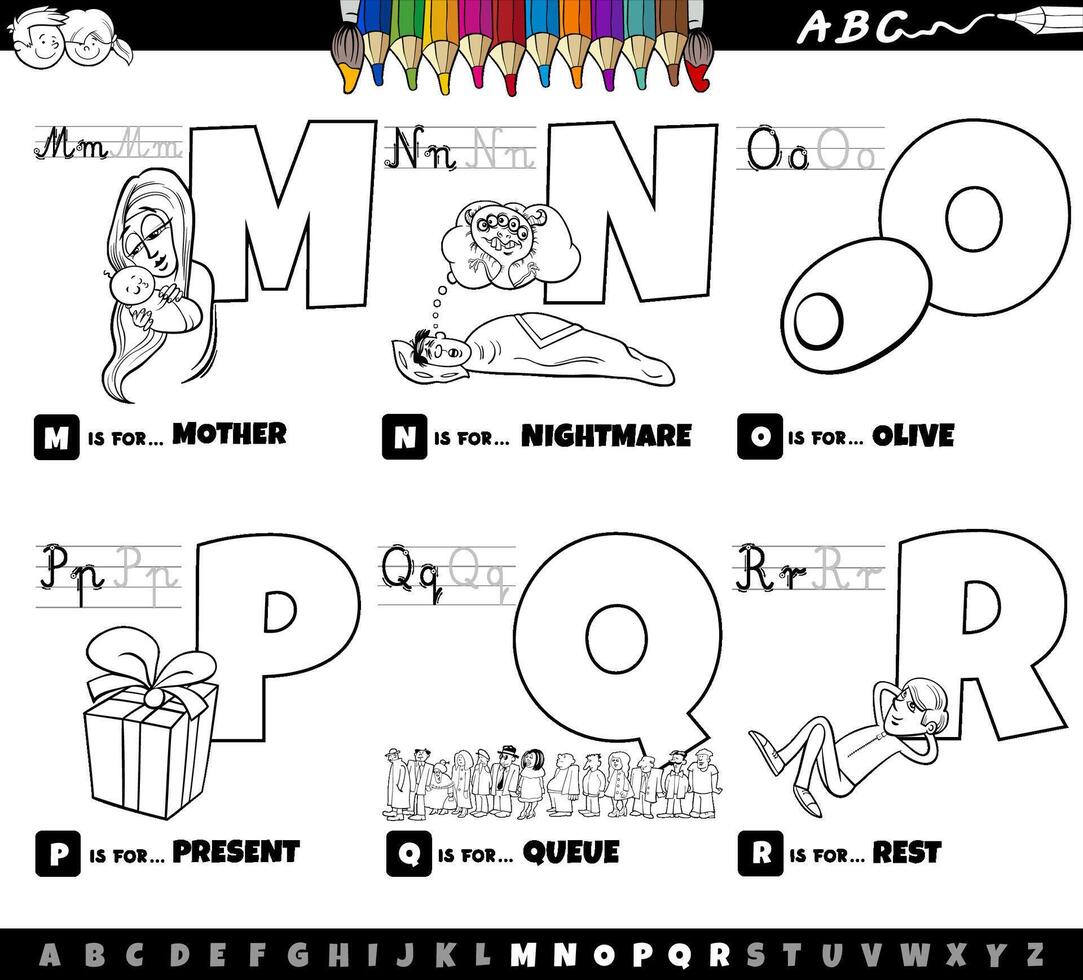 Juego de dibujos animados de letras del alfabeto educativo de m a r página para colorear vector