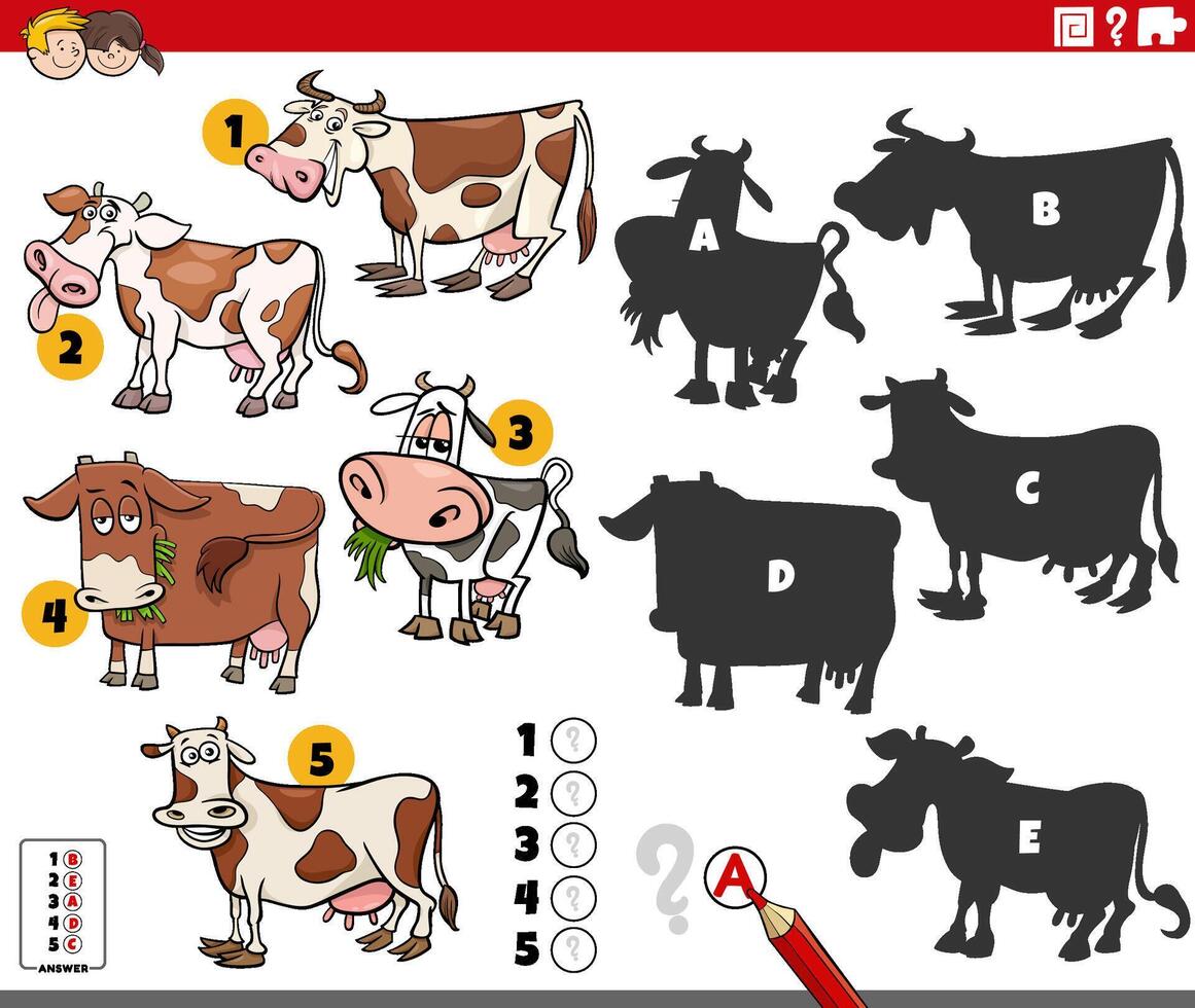 finding shadows activity with cartoon cows characters vector