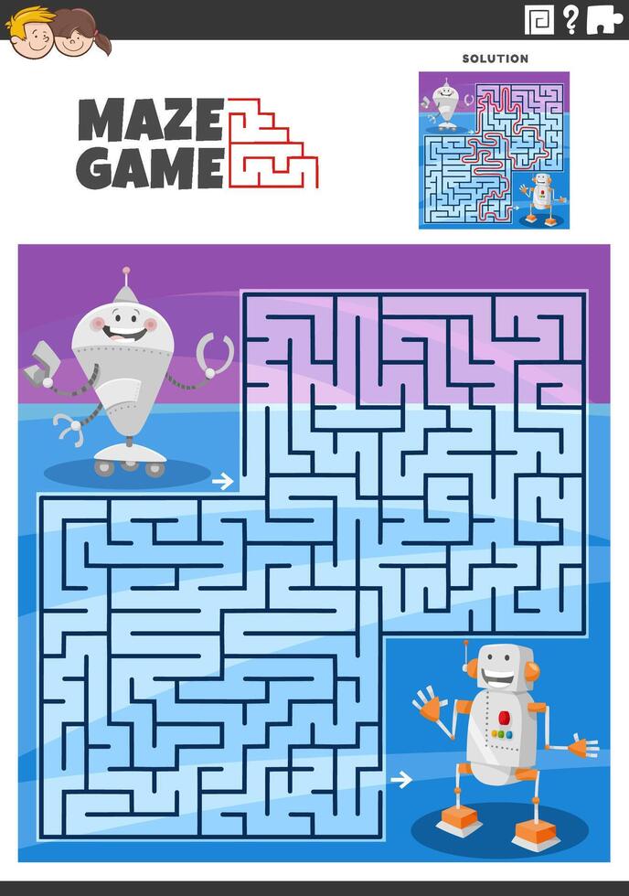 maze game with cartoon two robots fantasy characters vector