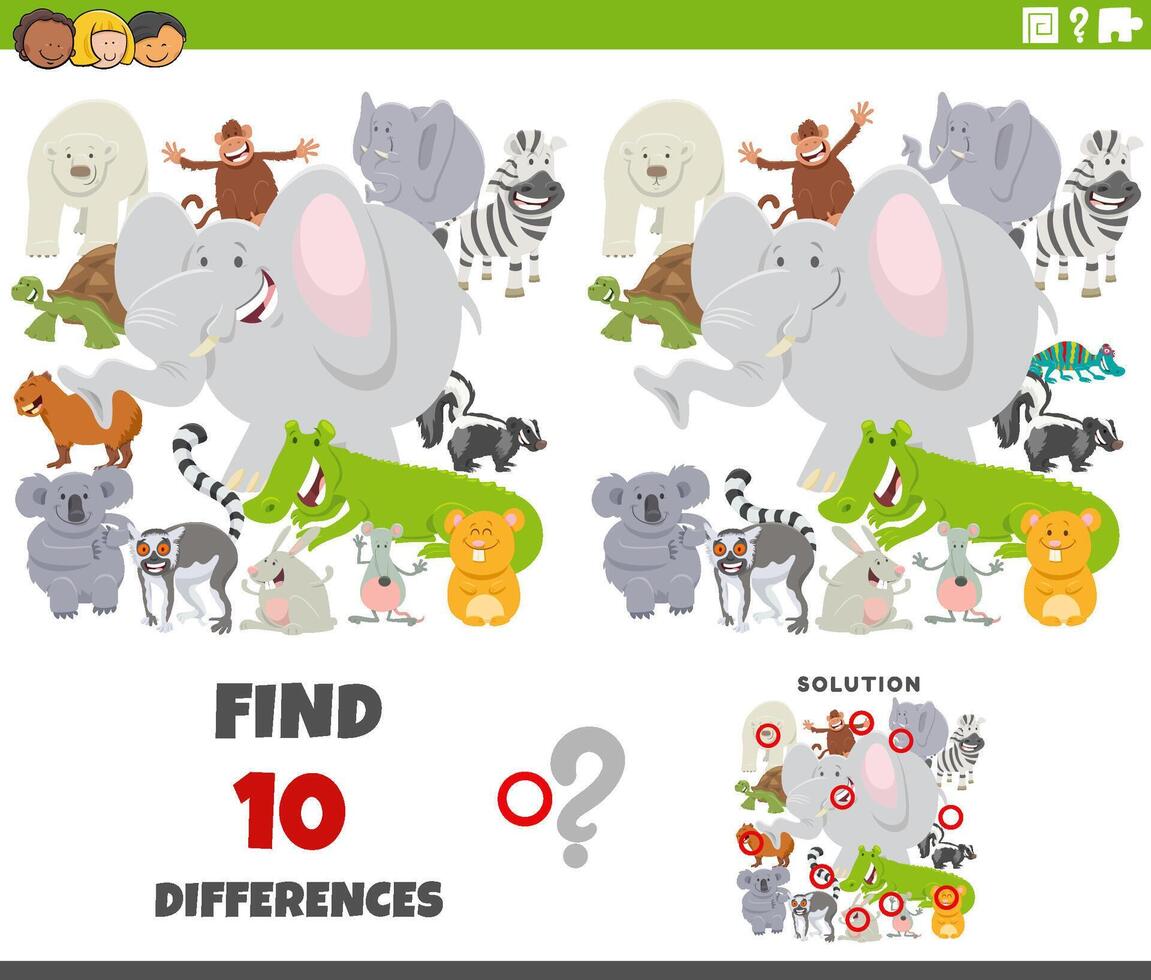 differences game with cartoon wild animals group vector