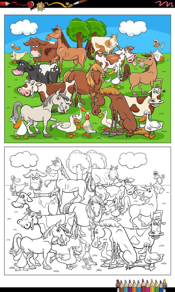 cartoon farm animal characters group coloring page vector
