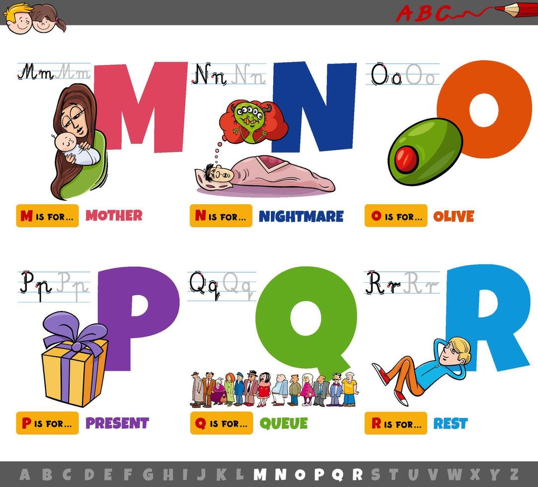 educational cartoon alphabet letters for children from M to R vector