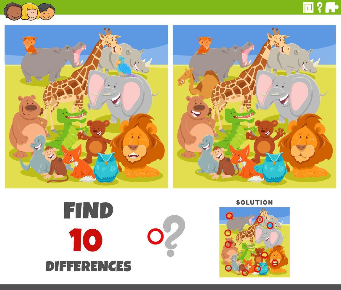 diferencias juego con dibujos animados salvaje animales grupo vector