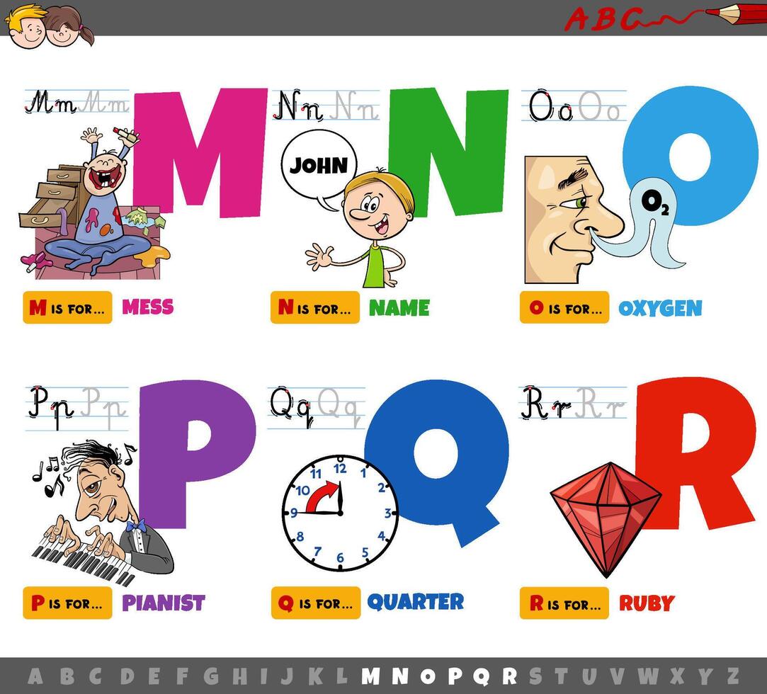 educational cartoon alphabet letters for children from M to R vector