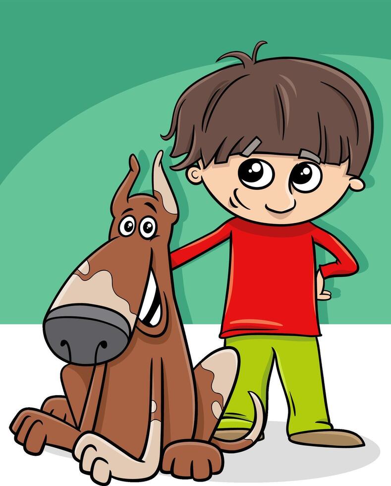 gracioso dibujos animados chico personaje con su perro vector