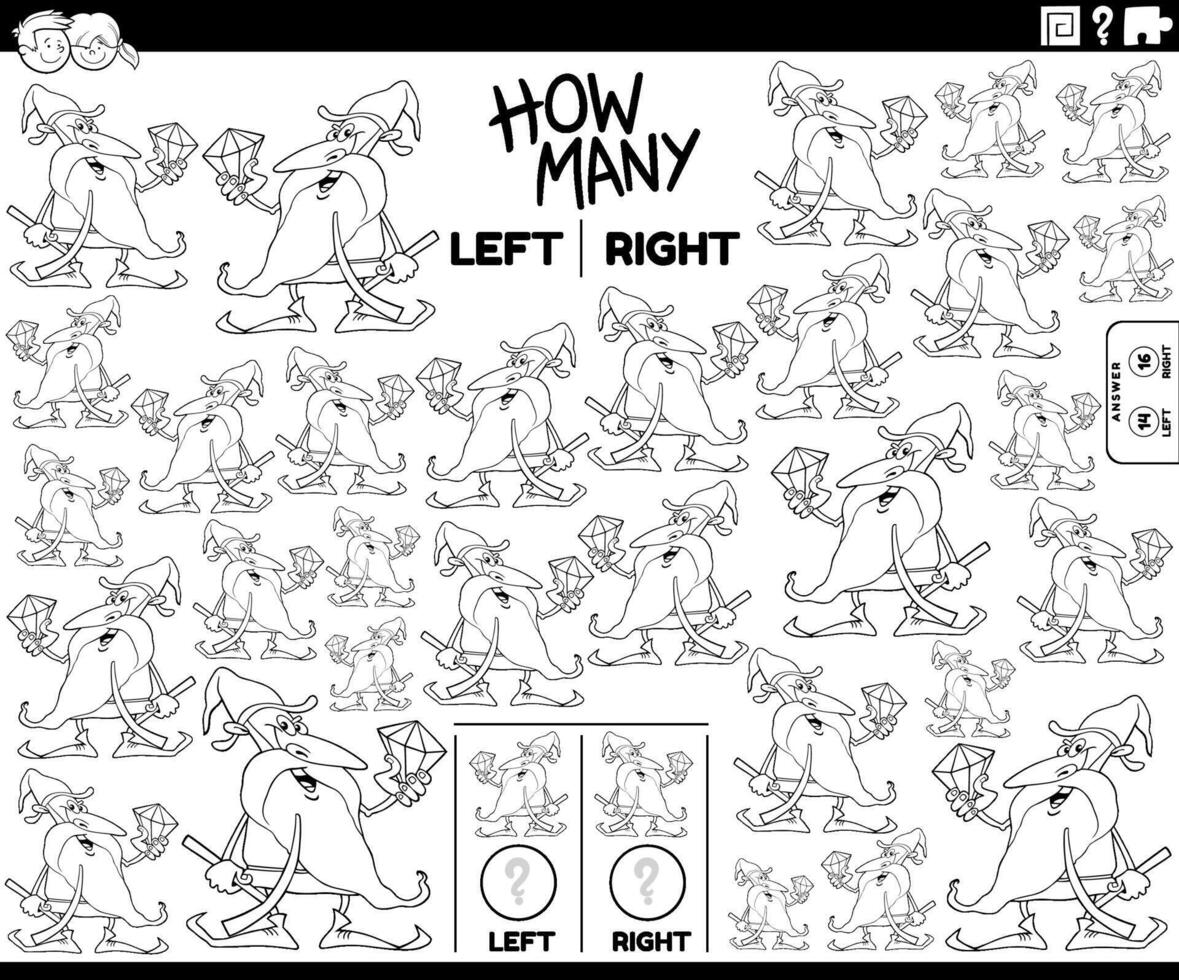 counting left and right pictures of cartoon dwarf with gem coloring page vector