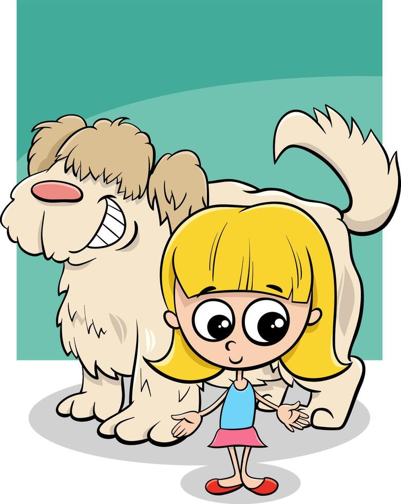 cartoon girl with big shaggy dog character vector