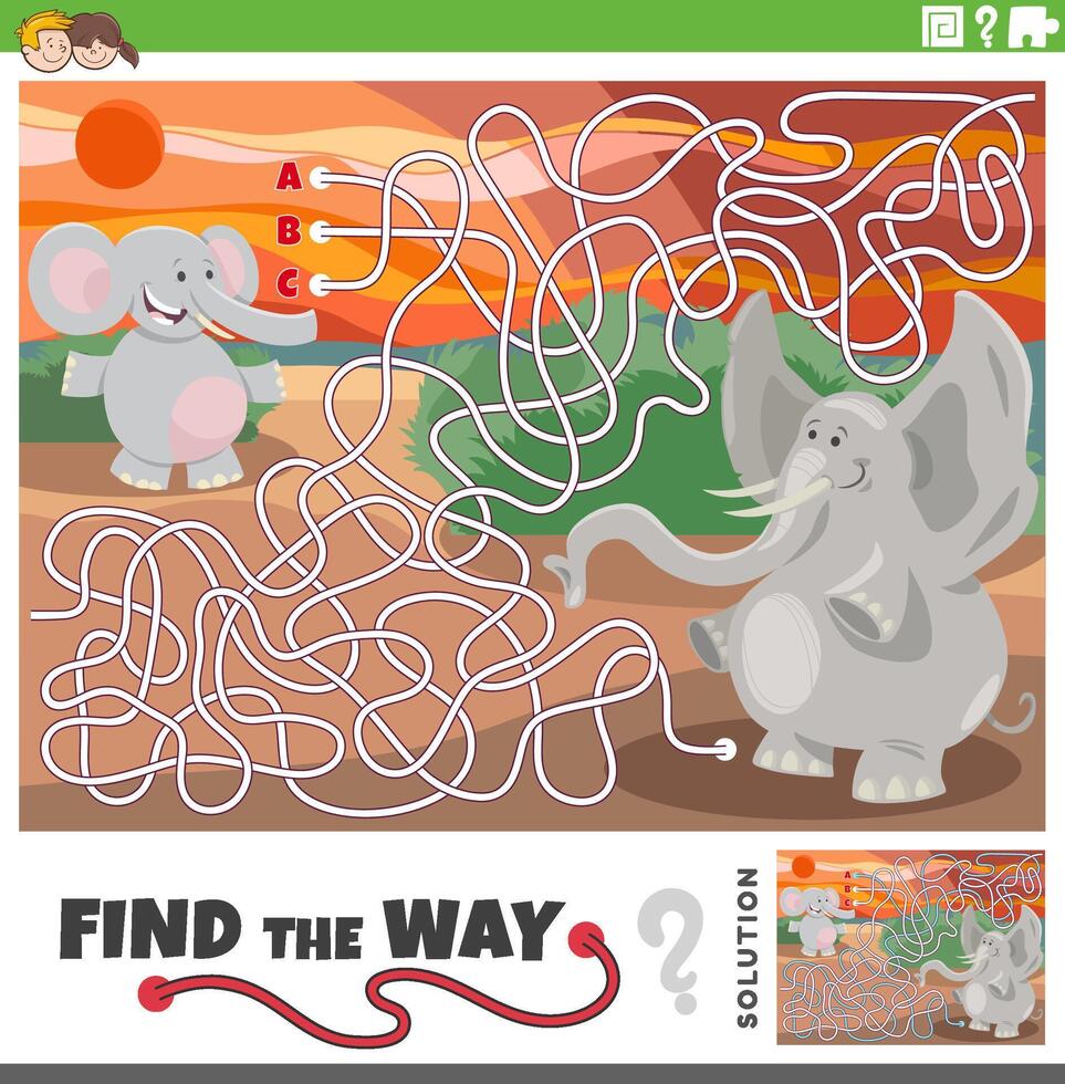 maze game with cartoon elephants animal characters vector