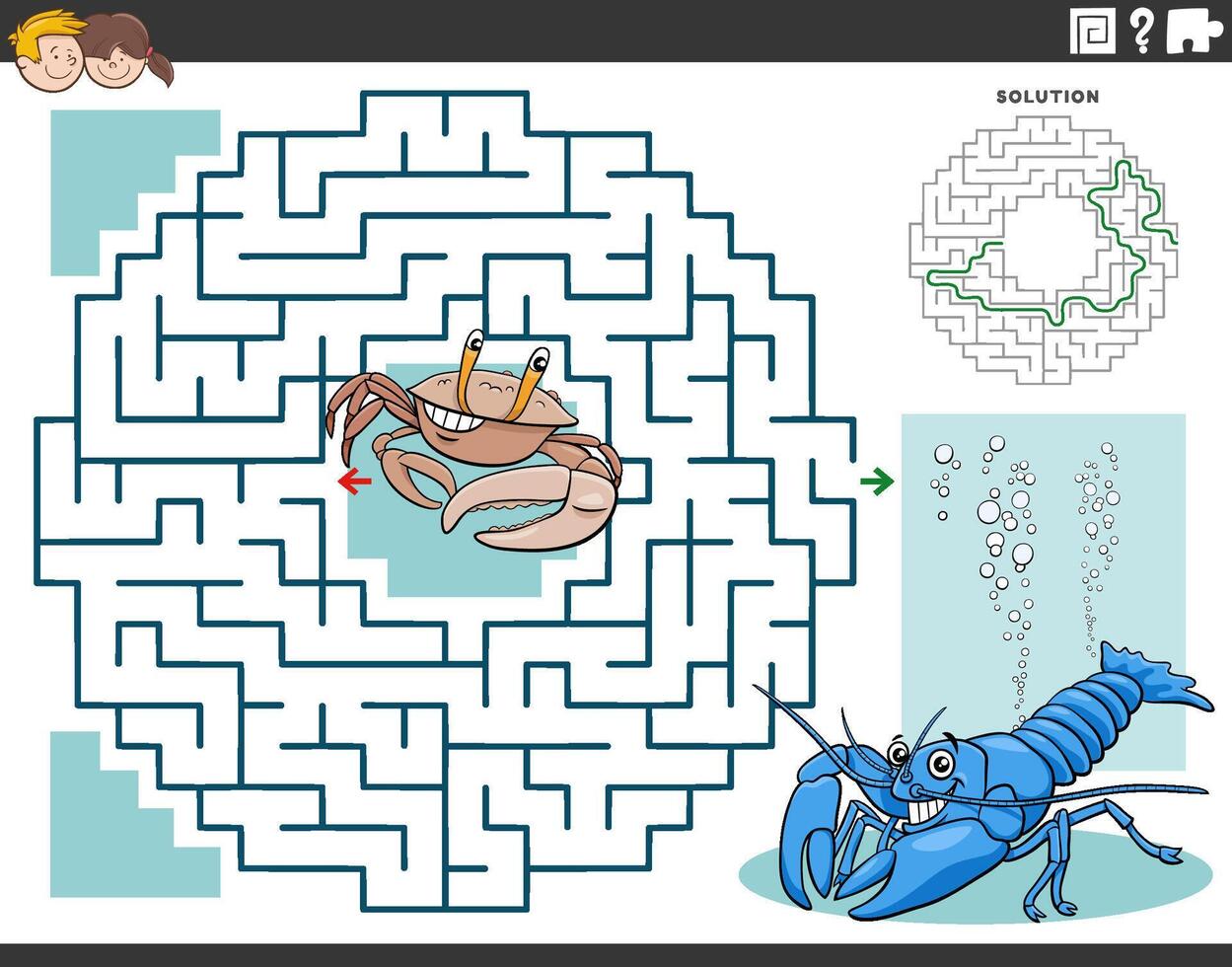 maze game with cartoon crab and crayfish animal characters vector