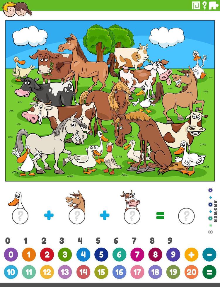 counting and adding activity with cartoon farm animals vector