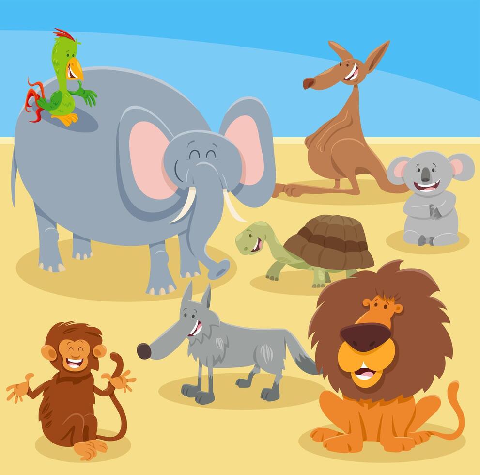 cartoon happy wild animal characters group vector