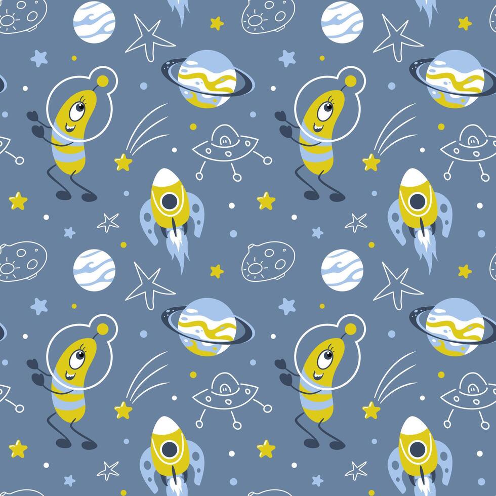 Space trip. Green alien in a spacesuit that looks like plankton or a microbe. Flying saucer, rocket and comets, meteorite and stars. Cute seamless pattern, Scandinavian style. For wallpaper, wrapping vector