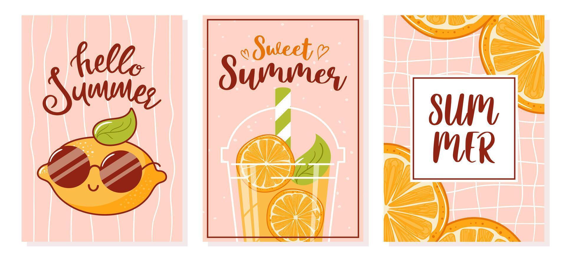 Hello summer. Set of postcards, banners for sale. Cool lemons in sunglasses, a cute retro cartoon character. Orange fresh. Groovy, vintage. Trendy old style. 1970s Tropical exotic fruits vector