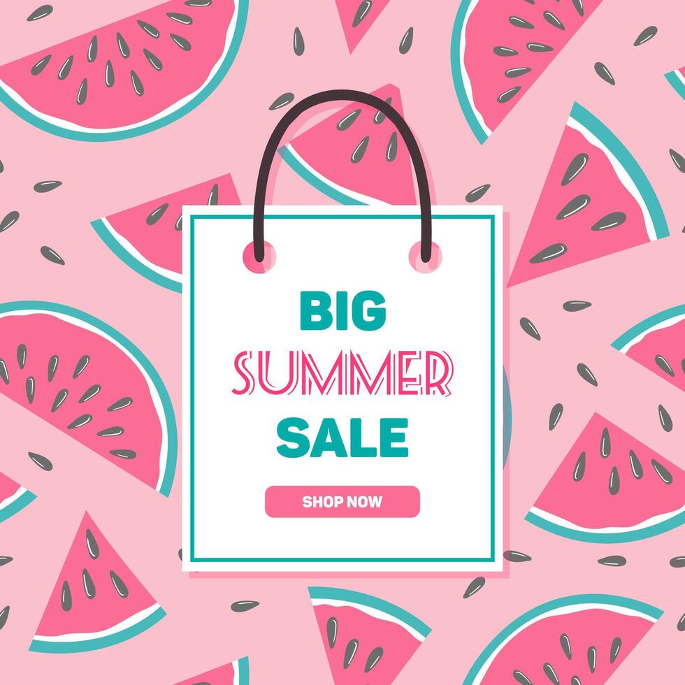 Big summer sale. Square banner in vintage style. Watermelon summer pattern in minimalistic style. Tropical fruits. Healthy food. Retro design. For advertising, website, poster, flyer vector