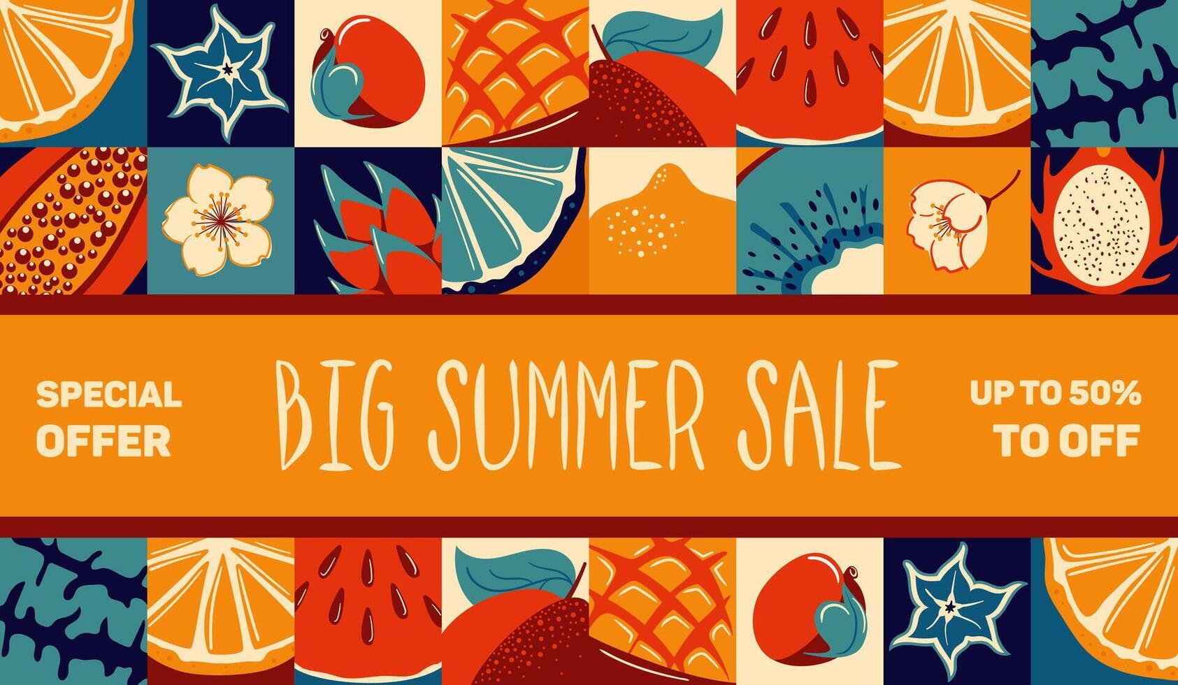 Big summer sale. Horizontal banner in vintage style. Tropical exotic fruits. Retro design. lemon and lime, watermelon, pitahaya, star fruit, papaya, mango kiwi. For advertising, website, poster, flyer vector