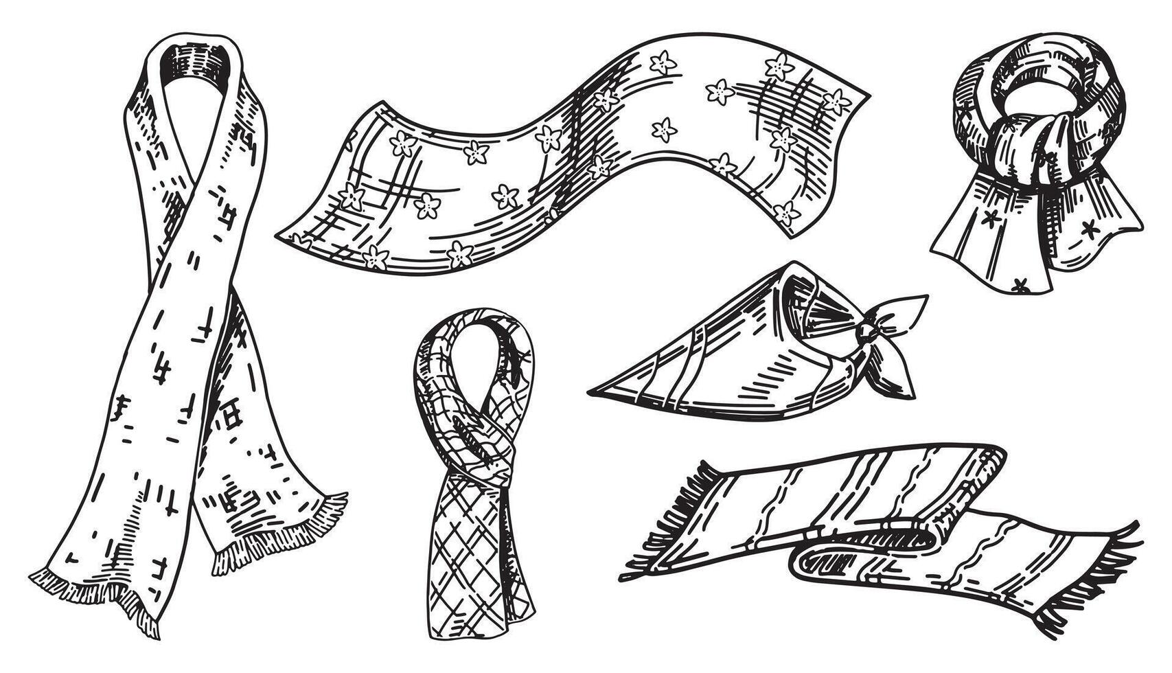 Neck accessory doodle set. Sketch of scarves for different seasons, shawls. Outline illustrations collection. vector