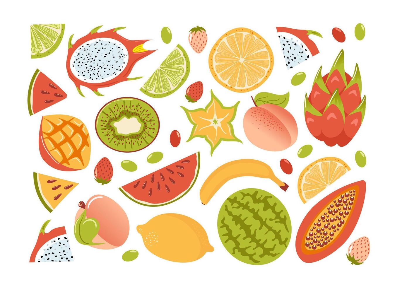 Set of exotic summer tropical fruits, in cartoon style. Fresh lemon, lime wedges, watermelon, dragon fruit, star fruit, papaya, mango and kiwi, strawberries. Healthy food. Peach Fuzz. vector