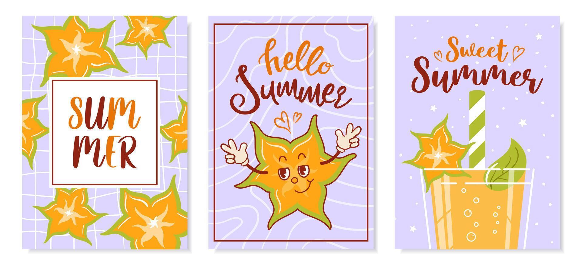 Hello summer. Set of cards, banners. Cool carambola, cute retro cartoon character. Fresh juice. Groovy, vintage. Trendy old style. 1970s Tropical exotic fruits. advertising, poster, sale flyer vector