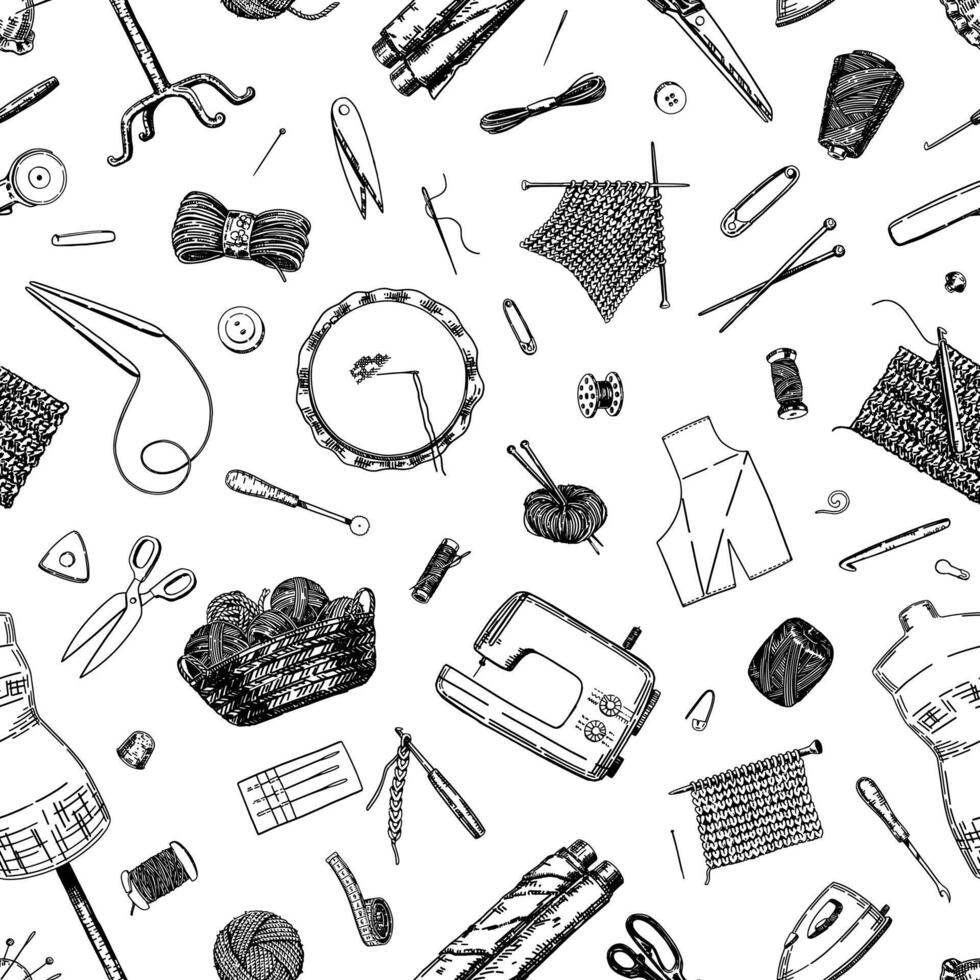 Seamless pattern of handicraft equipment, needlecraft hobby. Ornament of tailor tools, crochet, knitting, thread, needle, scissors. vector