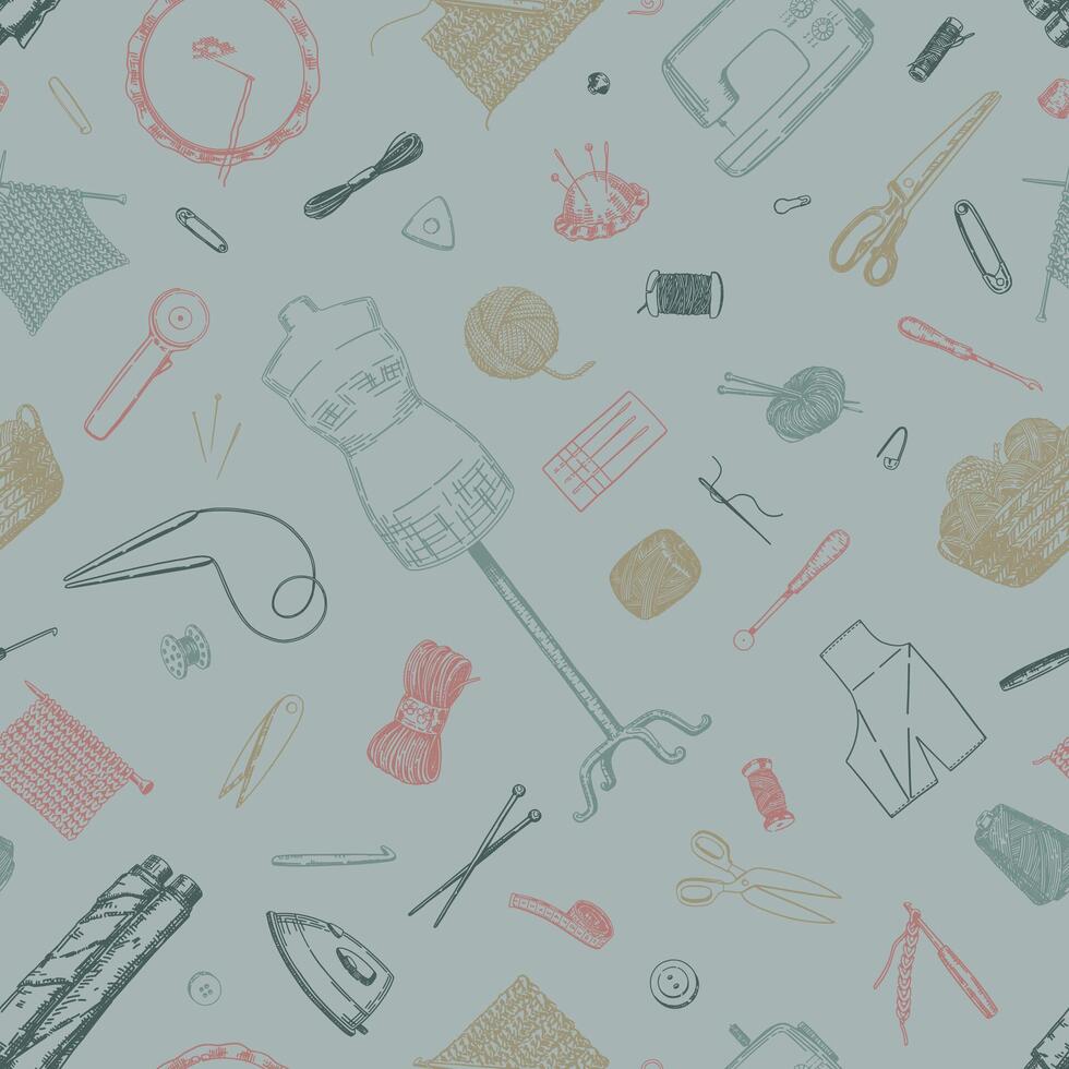 Seamless pattern of handicraft equipment, needlecraft hobby. Ornament of tailor tools, crochet, knitting, thread, needle, scissors. vector