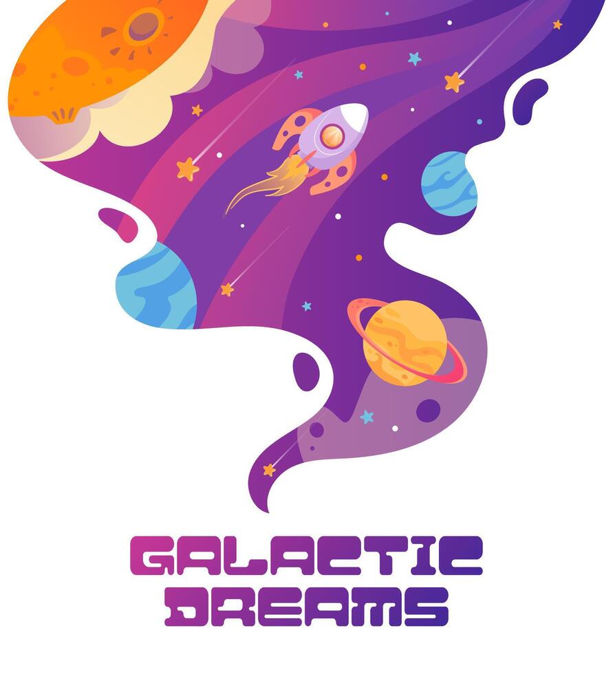 galáctico Sueños. modelo bandera, universo. espacio viaje. un cohete volador entre planetas y estrellas. espacio paisaje, lanzadera, OVNI, futuro. para carteles, postales, diseño elementos. vector