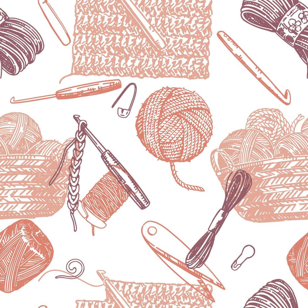 Hobby, knitwork seamless pattern. Ornament of crochet hook, yarn, stitch marker, handicraft tools. Design in engraving style. vector