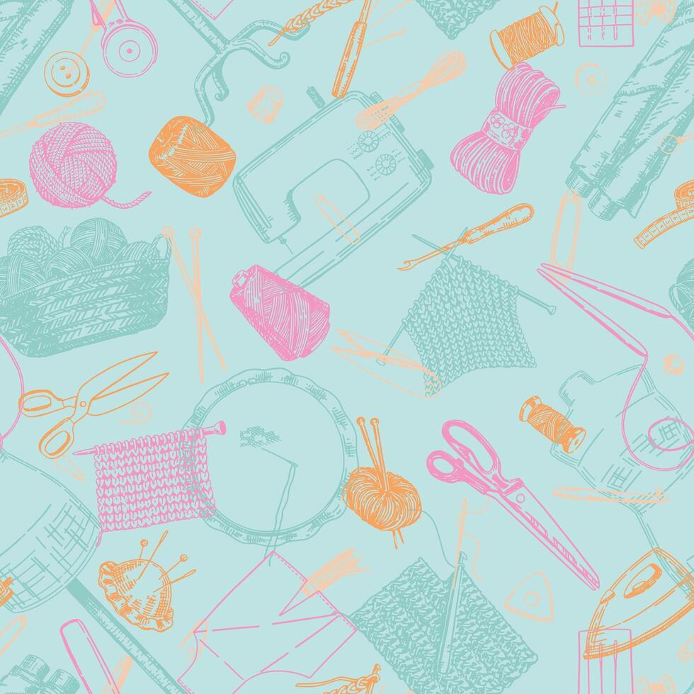 Seamless pattern of handicraft equipment, needlecraft hobby. Ornament of tailor tools, crochet, knitting, thread, needle, scissors. vector