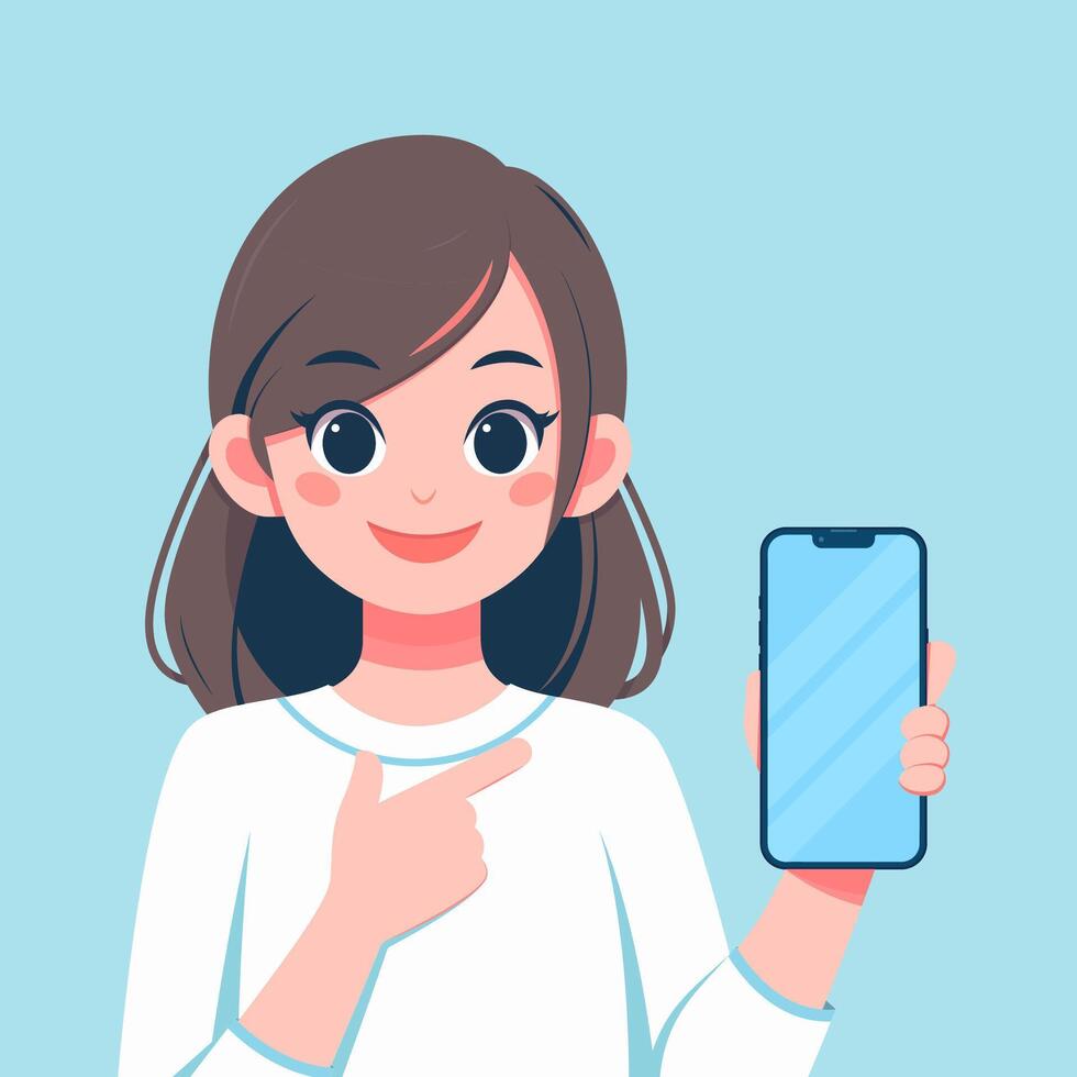 un sencillo dibujos animados ilustración de un joven dama punto su dedo presentación blanco teléfono inteligente actitud vector