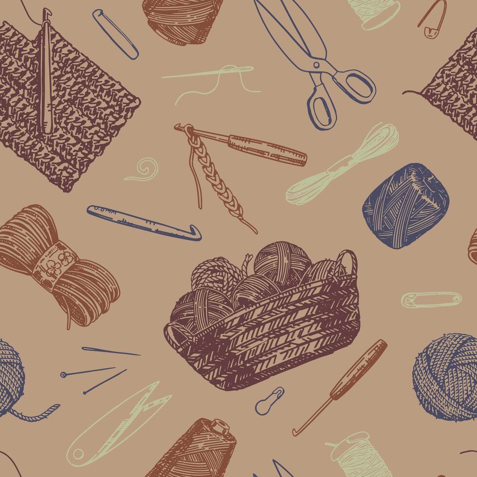 Hobby, knitwork seamless pattern. Ornament of crochet hook, yarn, stitch marker, handicraft tools. Design in engraving style. vector