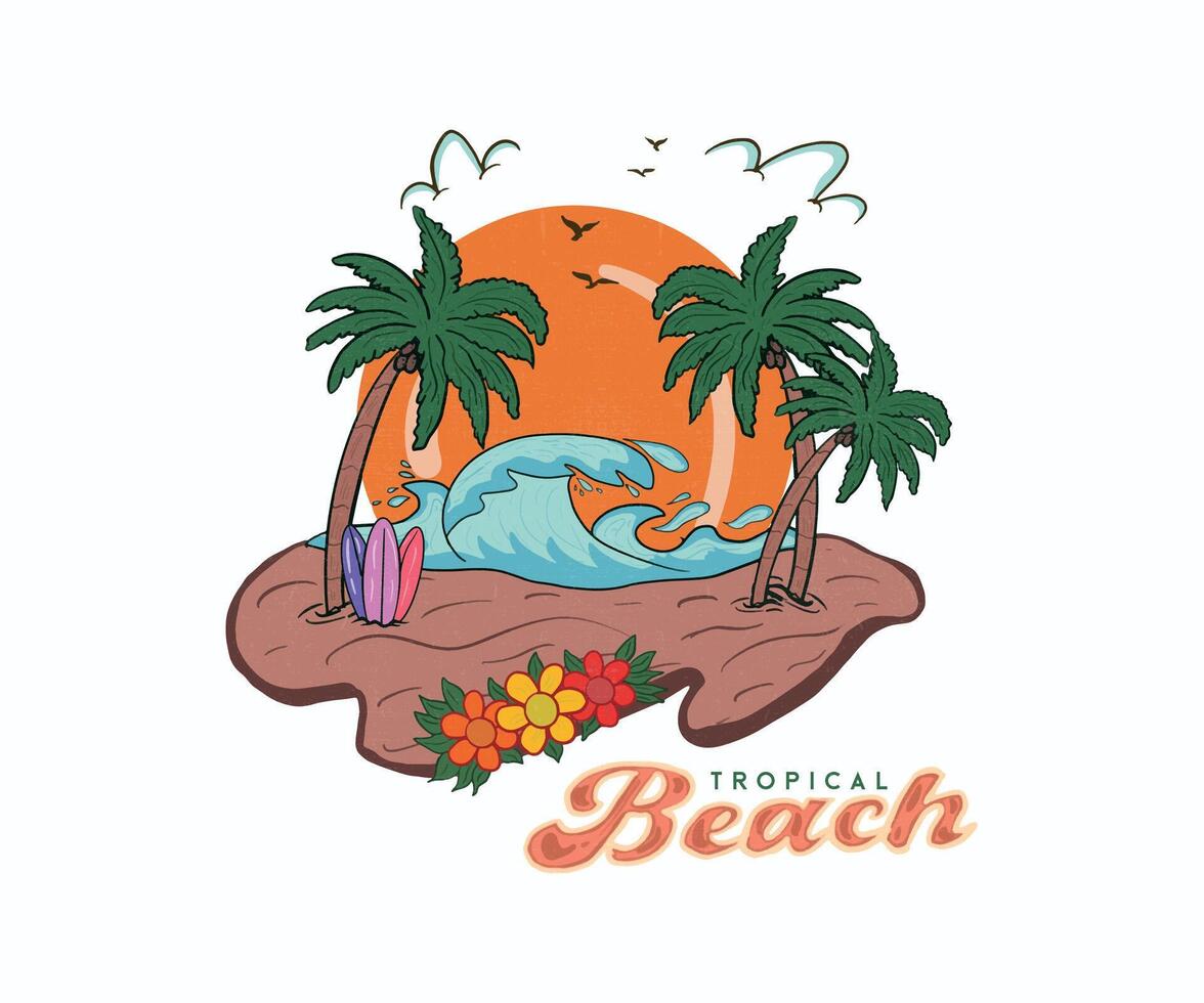Tropical Beach Paradise graphics design, typography slogan on palm trees background. Summer beach vibes. Sunshine with wave. Sunset Summer Wave Beach Vibes. Tropical Flowers. vector