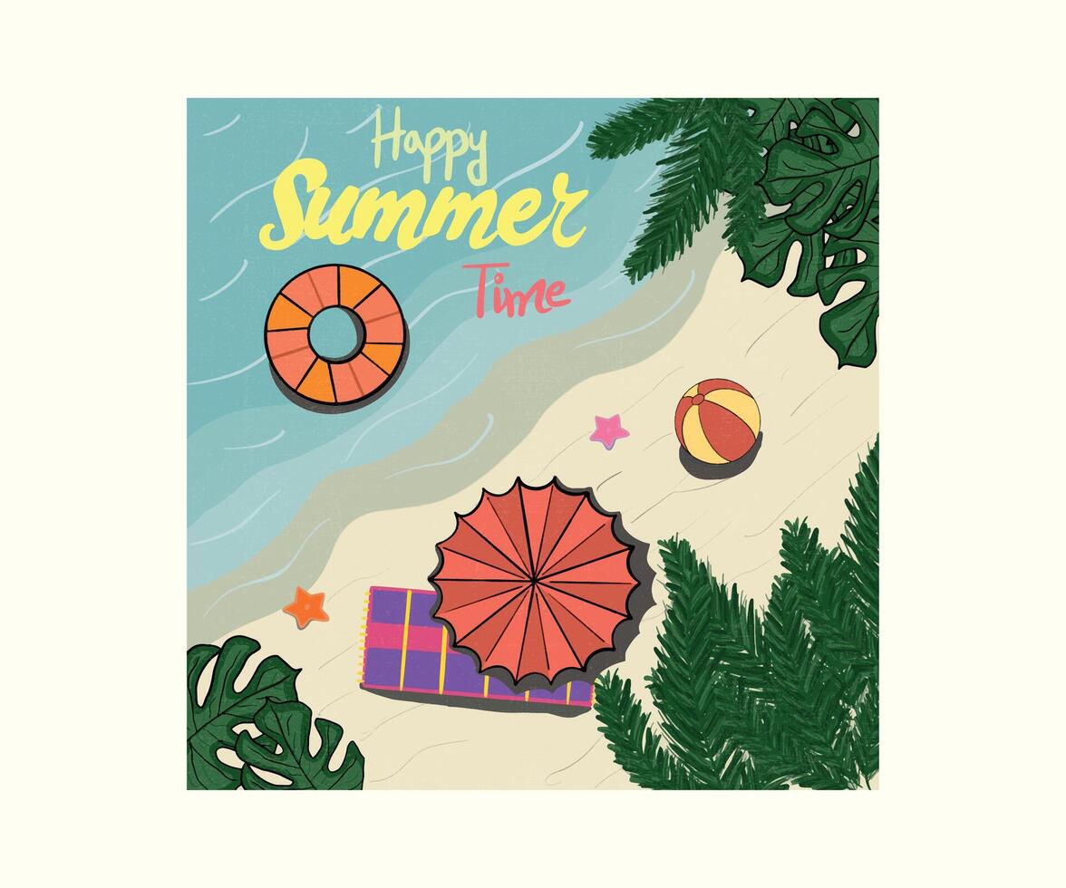 Summer Beach party design. illustration Summer Vacation Beach. Beach things and old surfboard with greeting - summer holidays illustration. Summer Beach Party Template, Banner. vector