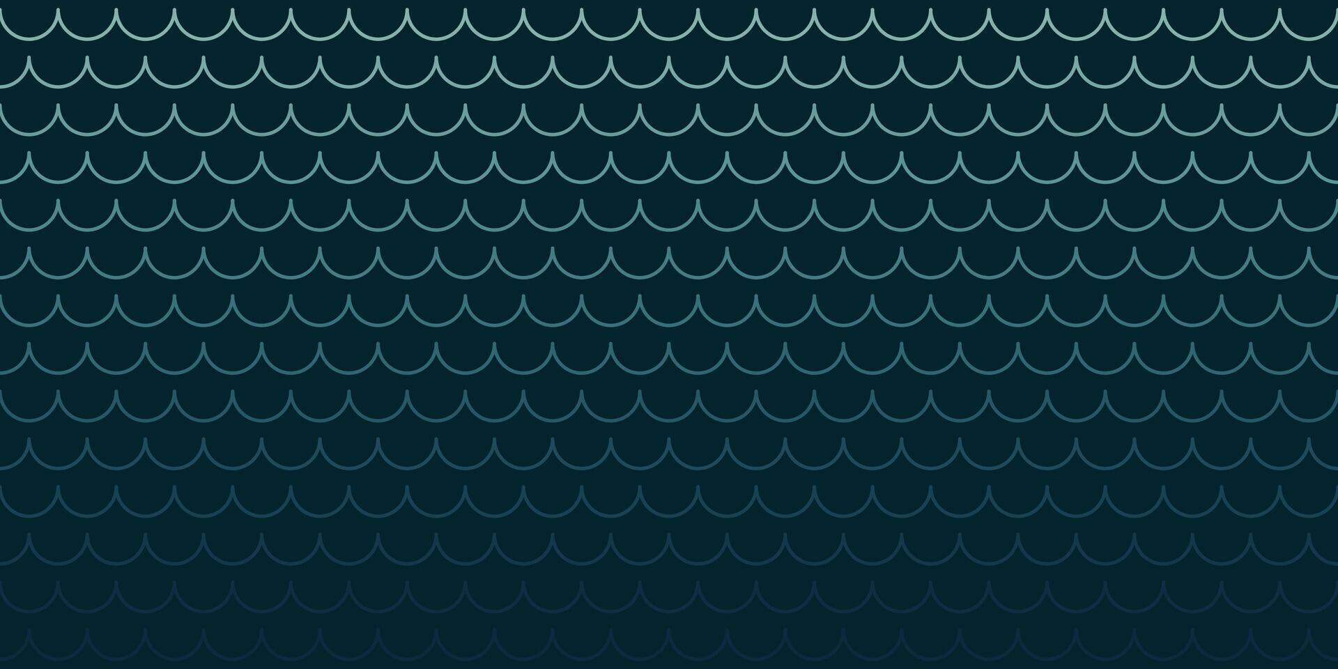 Seamless abstract wave background. Ornament in dark blue-green tones with gradient lines in doodle style. Monochrome linear retro pattern of sea waves. vector