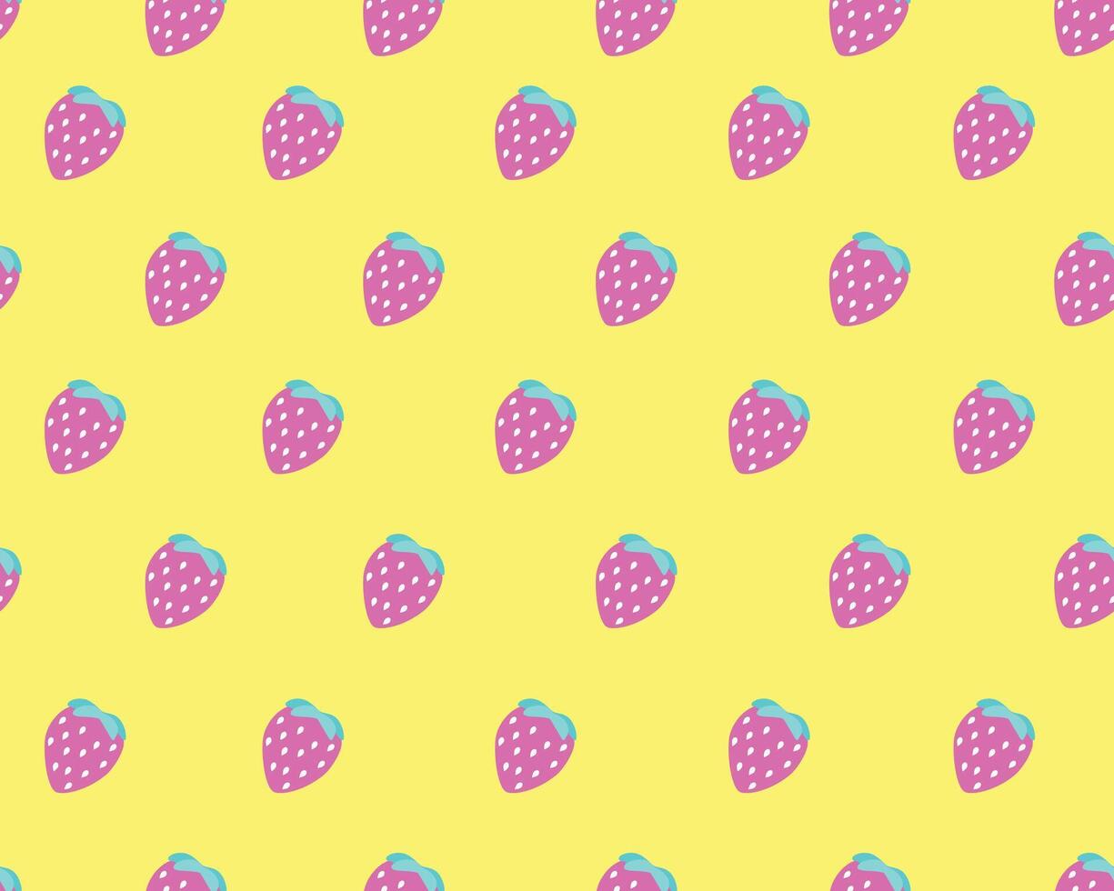 Seamless pattern with pink strawberries on a bright yellow background, hand drawn. Colorful tasty berries. Illustration for print and design in flat style. The concept of proper nutrition. vector